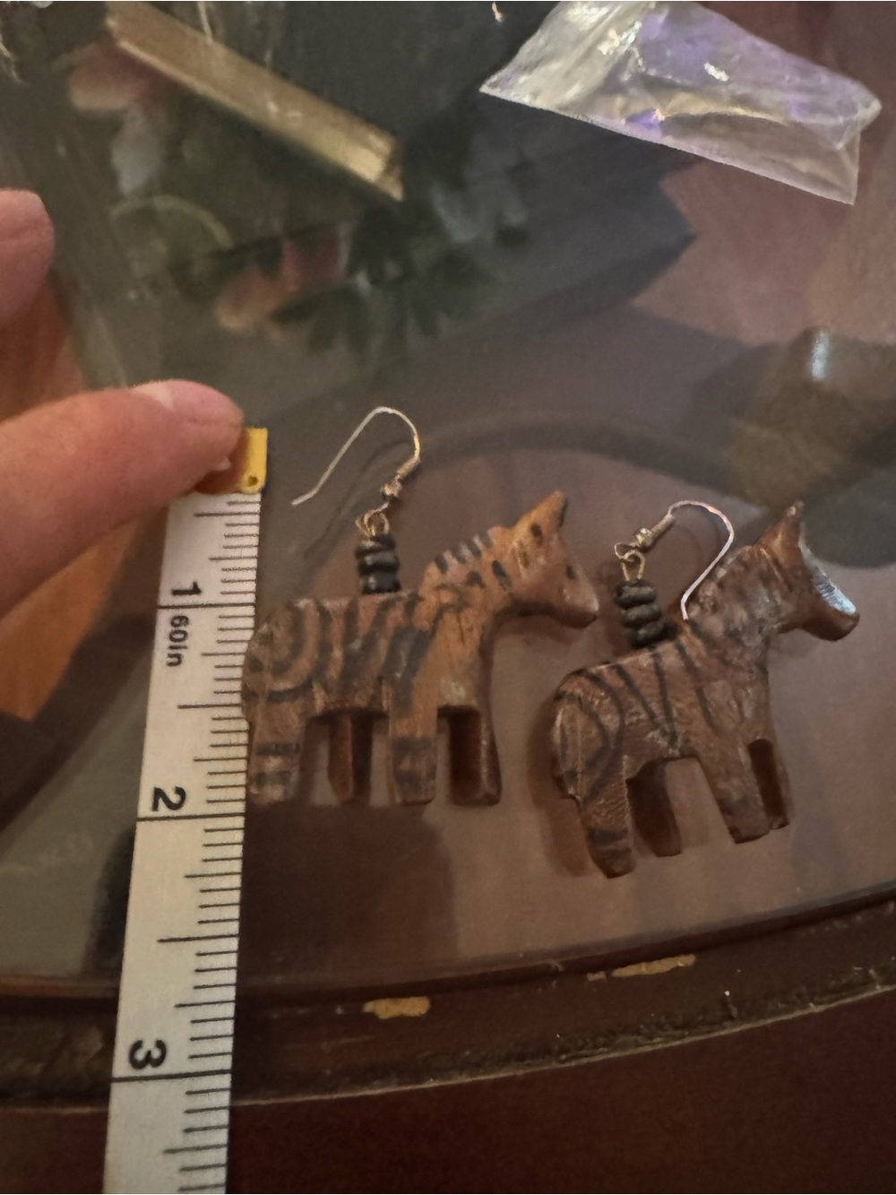 Hand-Carved Wooden Zebra Earrings - Brown